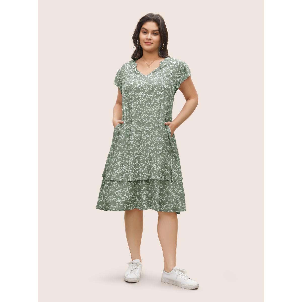 Plus Size Ditsy Floral Ties Pocket Flutter Layered Hem Dress Mint Women Casual Non Notched collar Sleeveless Curvy Midi Dress BloomChic 12/L Product Image