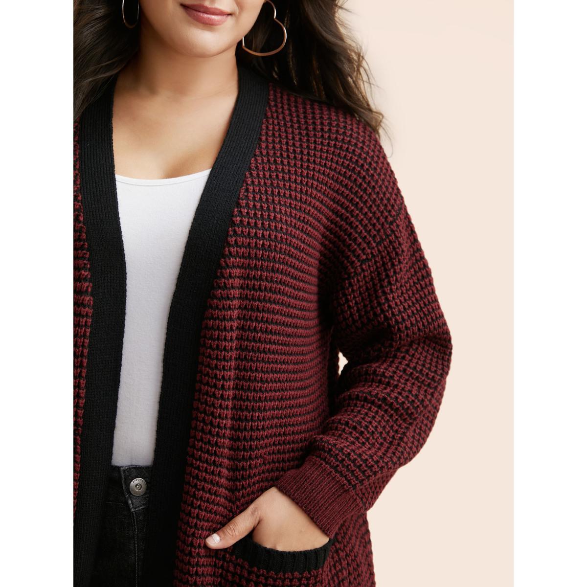 Plus Size Contrast Textured Drop Shoulder Sleeve Cardigan Burgundy Women Casual Loose Long Sleeve Everyday Cardigans BloomChic 14-16/1X Product Image