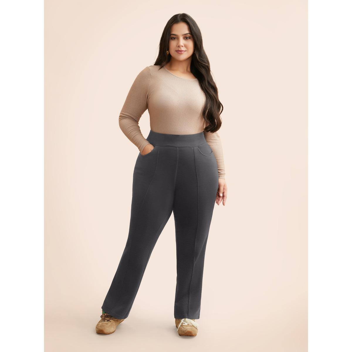 Plus Size Supersoft Essentials Pintuck Elastic Waist Pants Women DimGray Casual Bootcut Mid Rise Everyday Pants BloomChic 30/6X Product Image