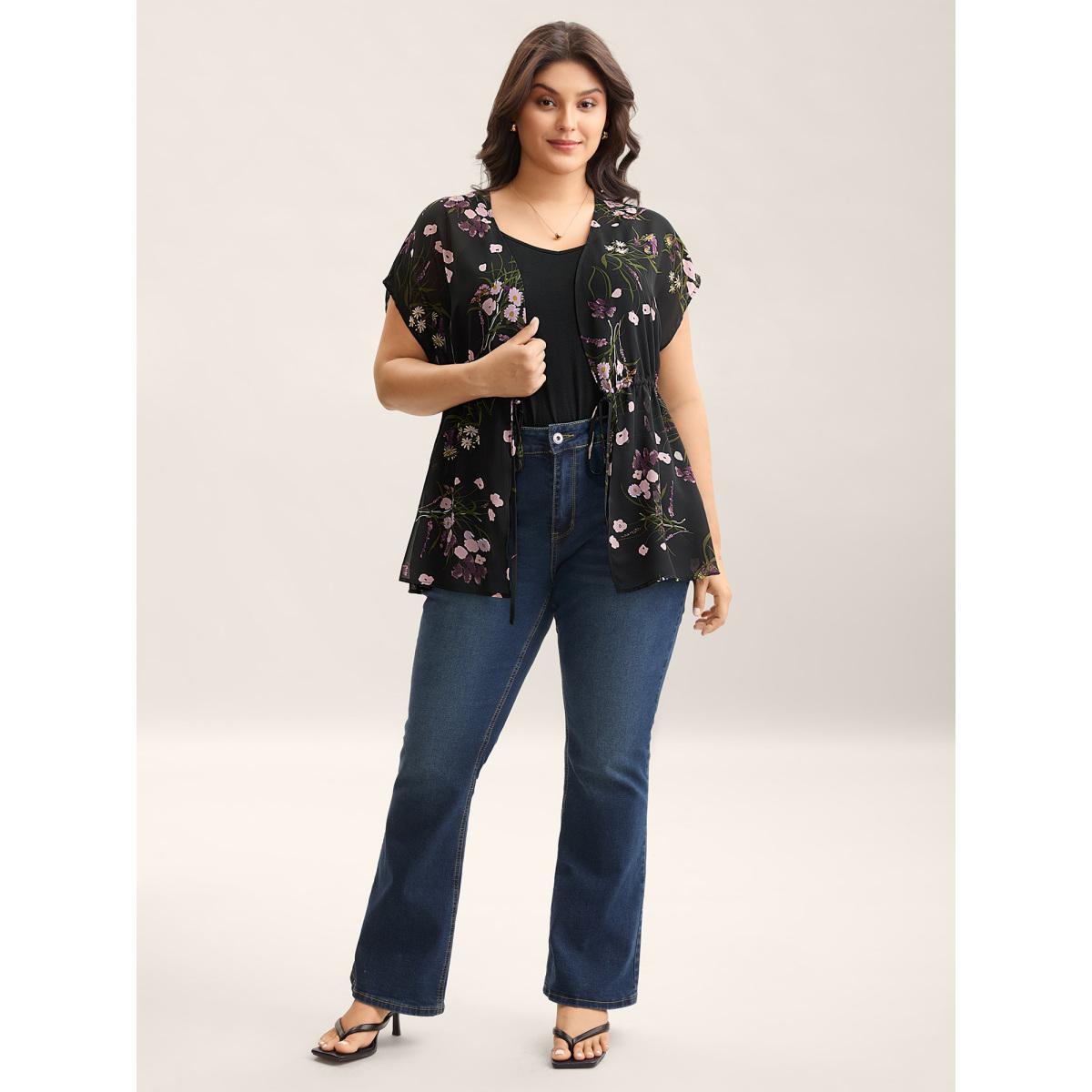 Plus Size Floral Print Waist-Tie Mini Kimono Women Black See through Everyday-Elegant Kimonos BloomChic 18-20/2X Product Image