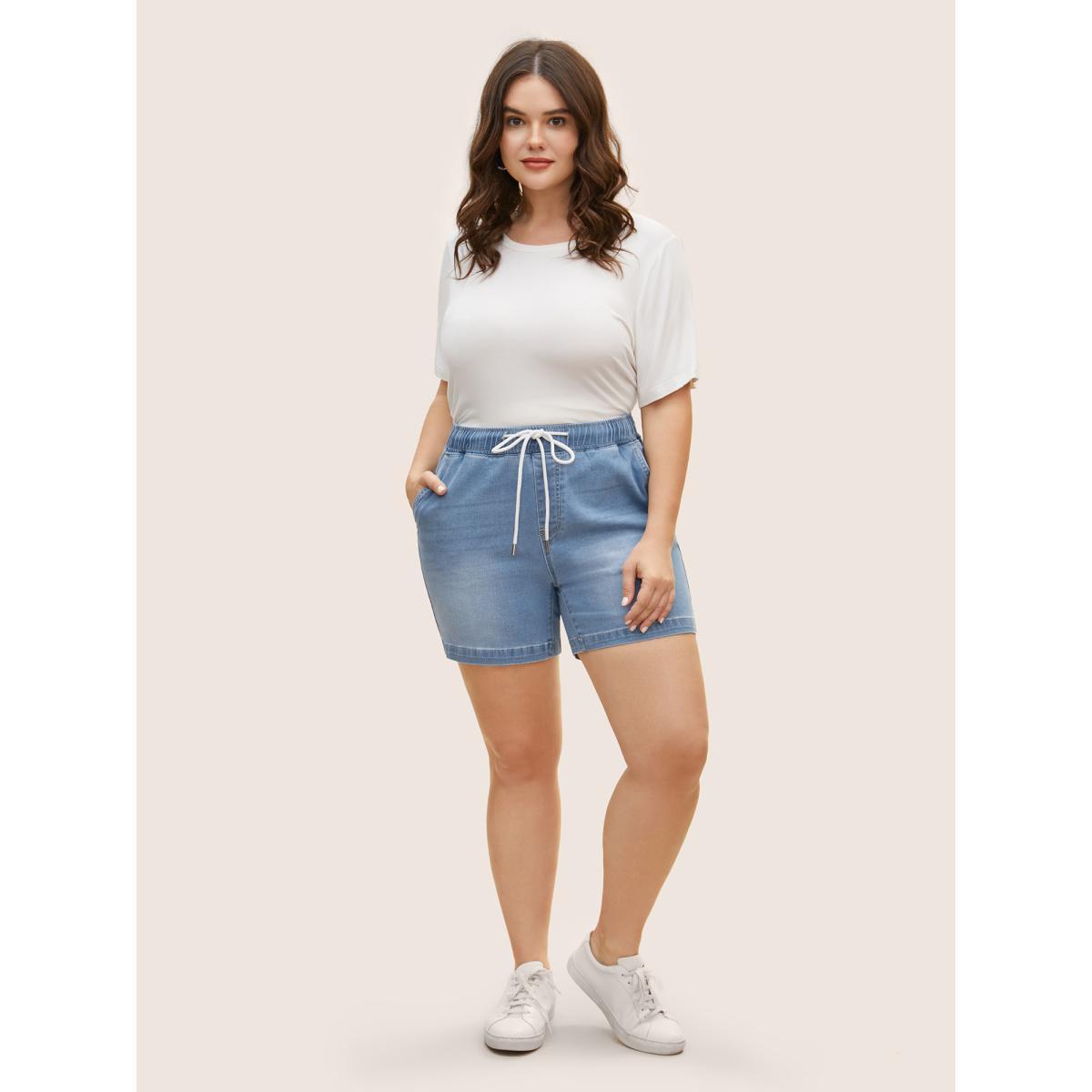 Plus Size Light Wash Elastic Waist Drawstring Denim Shorts Women Denimlightblue Drawstring Medium stretch Everyday Slanted pocket Casual Denim Shorts BloomChic 26/4X Product Image