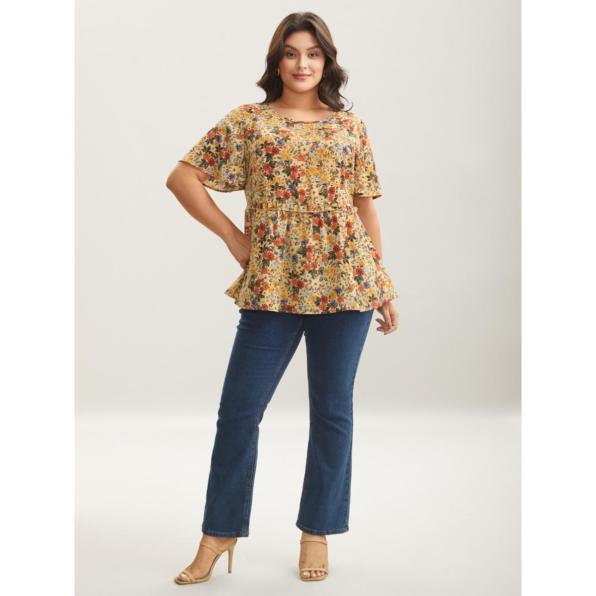 Plus Size Beige Floral Ruffled Round Neck Shirt Women Elegant Short sleeve Round Neck Everyday Blouses BloomChic 18-20/2X Product Image