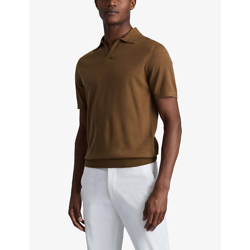 REISS Mens Tobacco Brown Duchie Open-neck Wool Polo Shirt Product Image