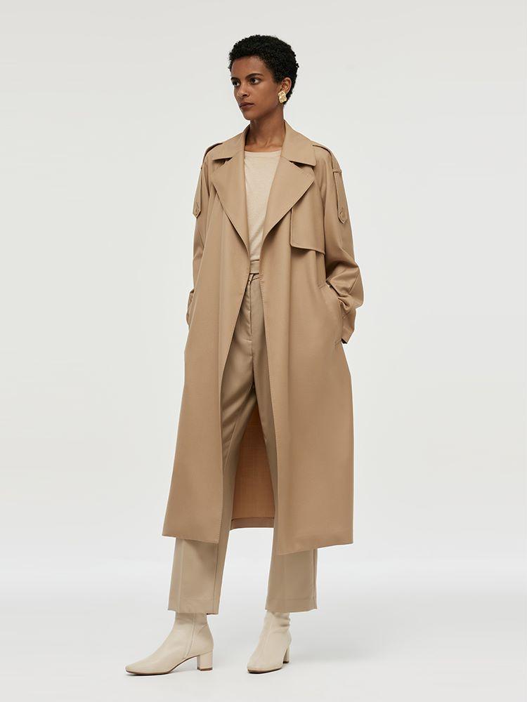 Worsted Wool Lapel Women Trench Coat With Belt Product Image