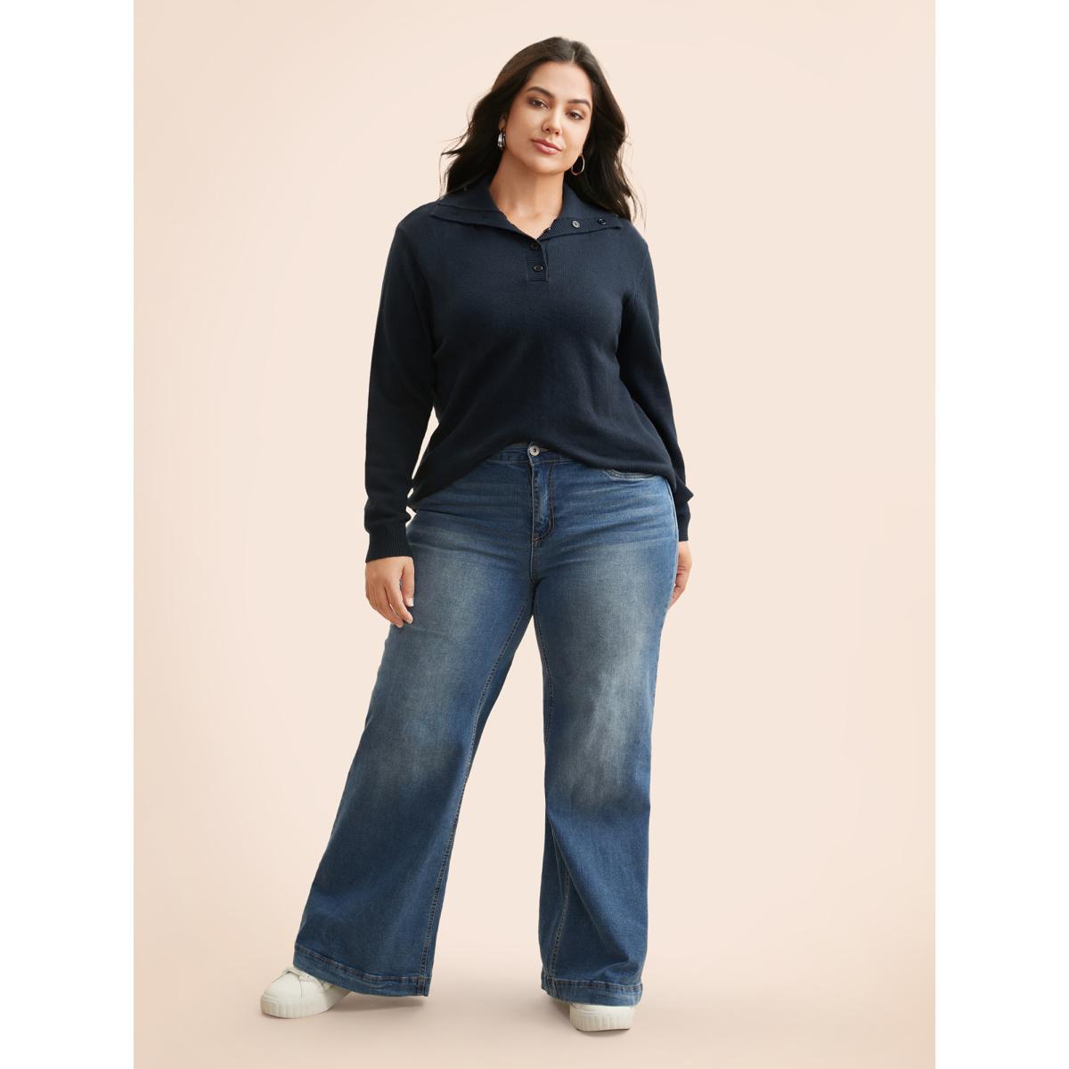 Plus Size Airy Cozy Lapel Collar Button Up Pullover Midnight Women Casual Long Sleeve Lapel Collar Everyday Pullovers BloomChic 22-24/3X Product Image