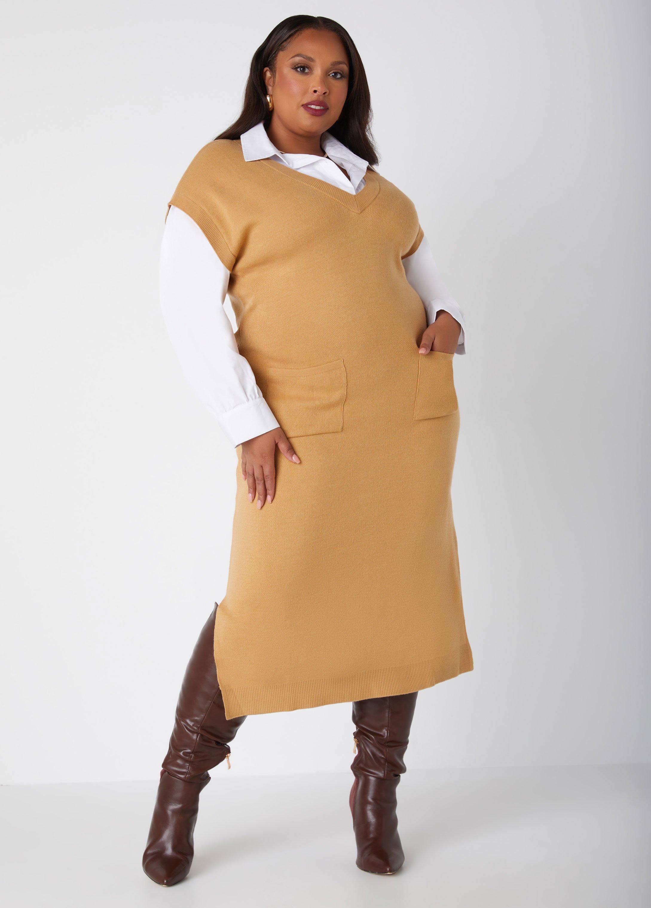 Plus Size Poplin Paneled Sweater Dress Ashley Stewart Product Image