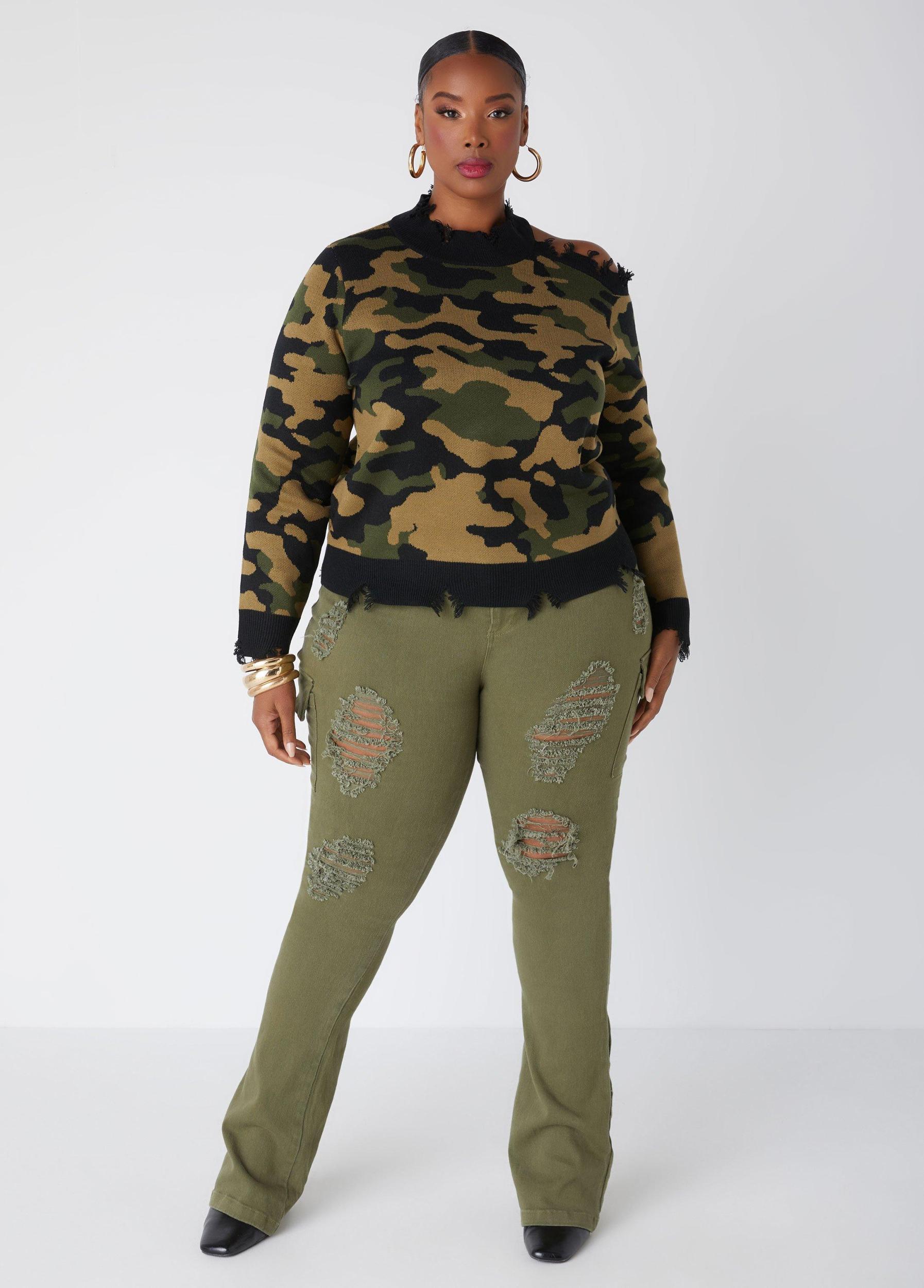 Distressed Cutout Camo Sweater Product Image