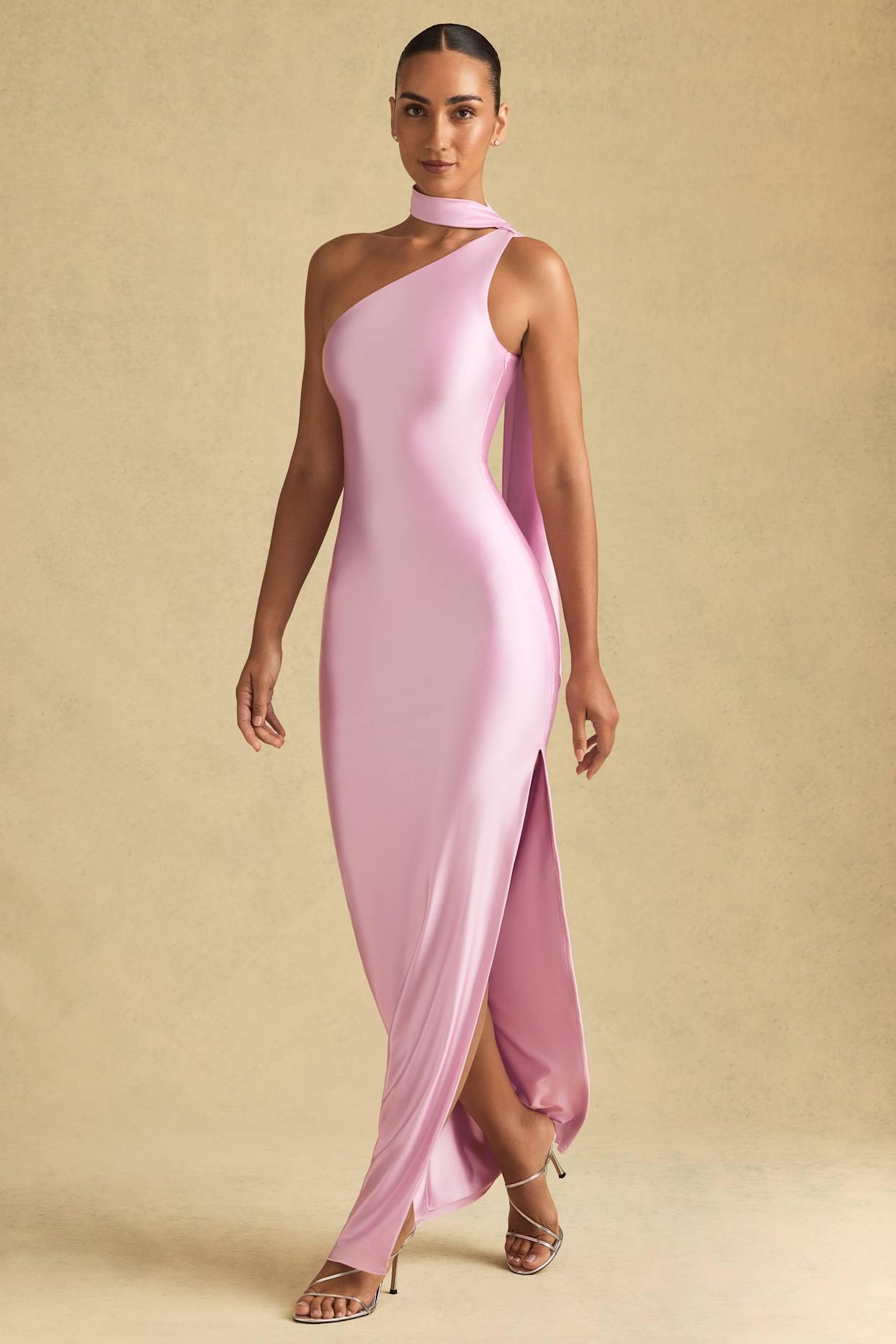 Asymmetric Scarf-Detail Maxi Dress in Soft Pink Product Image