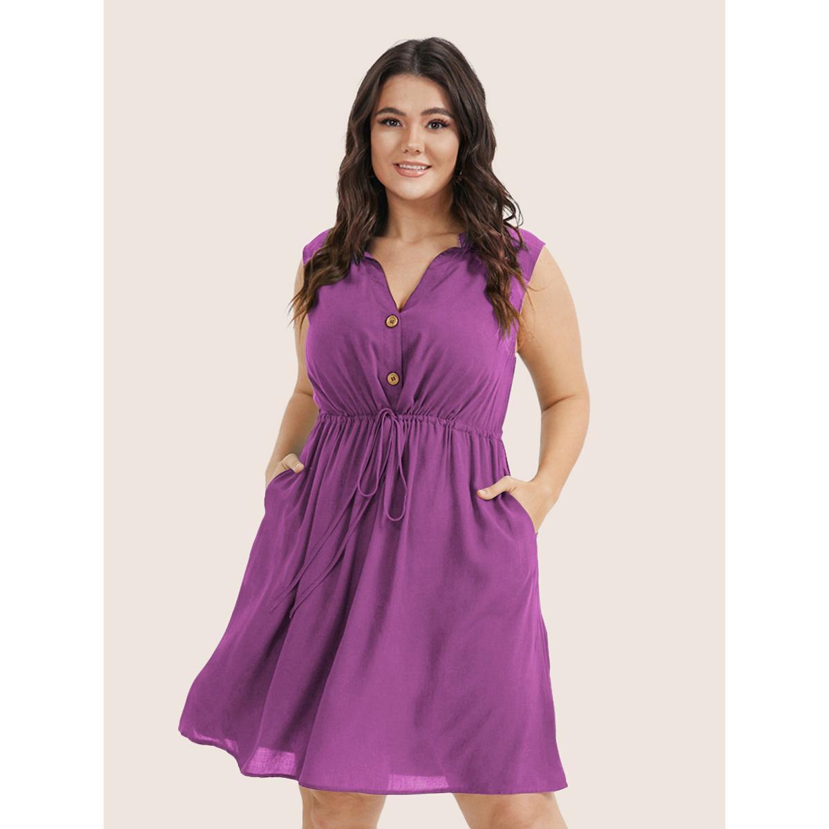Plus Size Plain Ties Front Button Pocket V Neck Dress Mauve Women Work From Home Button V-neck Sleeveless Curvy Knee Dress BloomChic 12/L Product Image