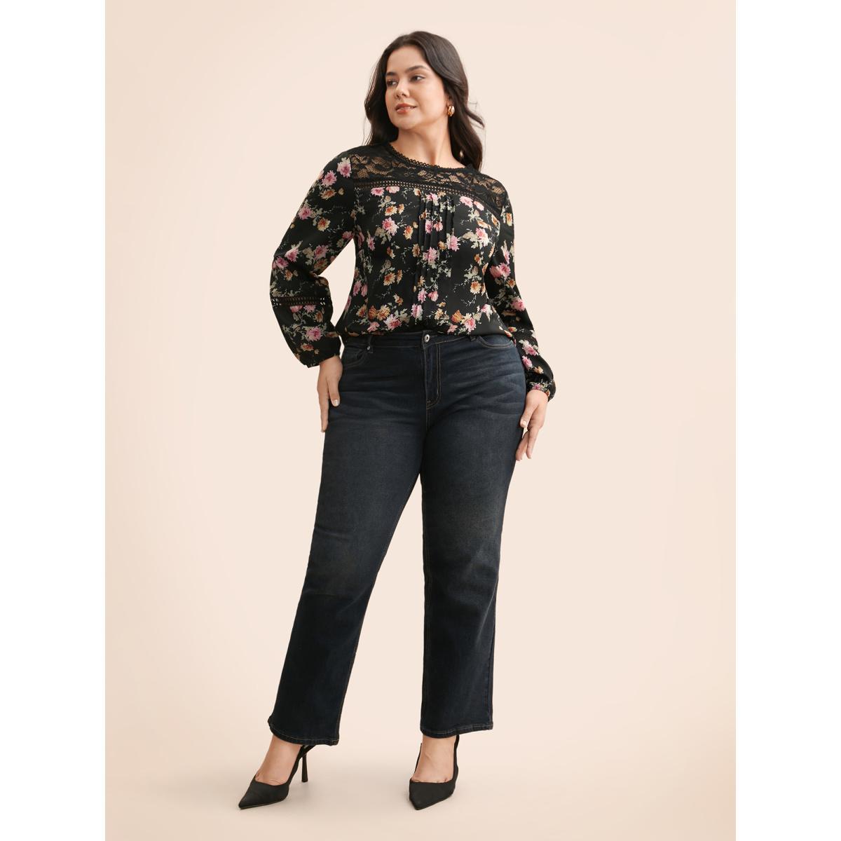 Plus Size Black Floral Lace Panel Lantern Sleeve Blouse Women Elegant Long Sleeve Round Neck Everyday Blouses BloomChic 10/M Product Image