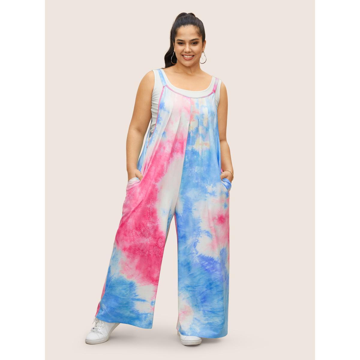 Plus Size Multicolor U Neck Tie Dye Pocket Pleated Jumpsuit Women Casual Sleeveless U-neck Everyday Loose Jumpsuits BloomChic 10/M Product Image