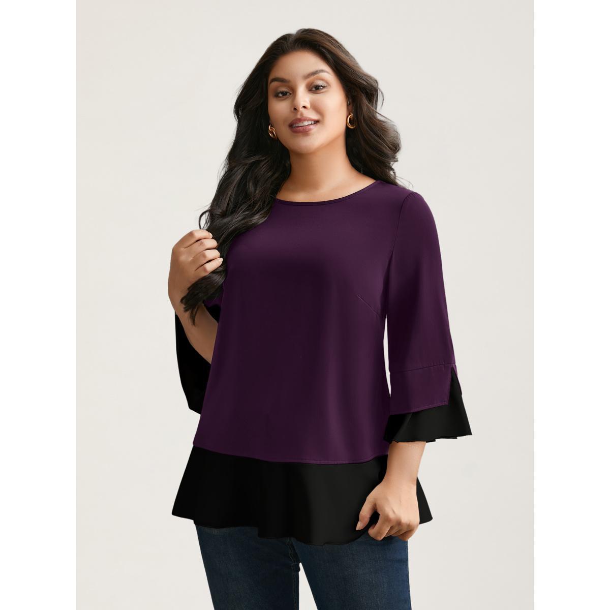 Plus Size Deeppurplered Contrast Patchwork Bell Sleeve Blouse Women Elegant Elbow-length sleeve Round Neck Everyday Blouses BloomChic 14-16/1X Product Image