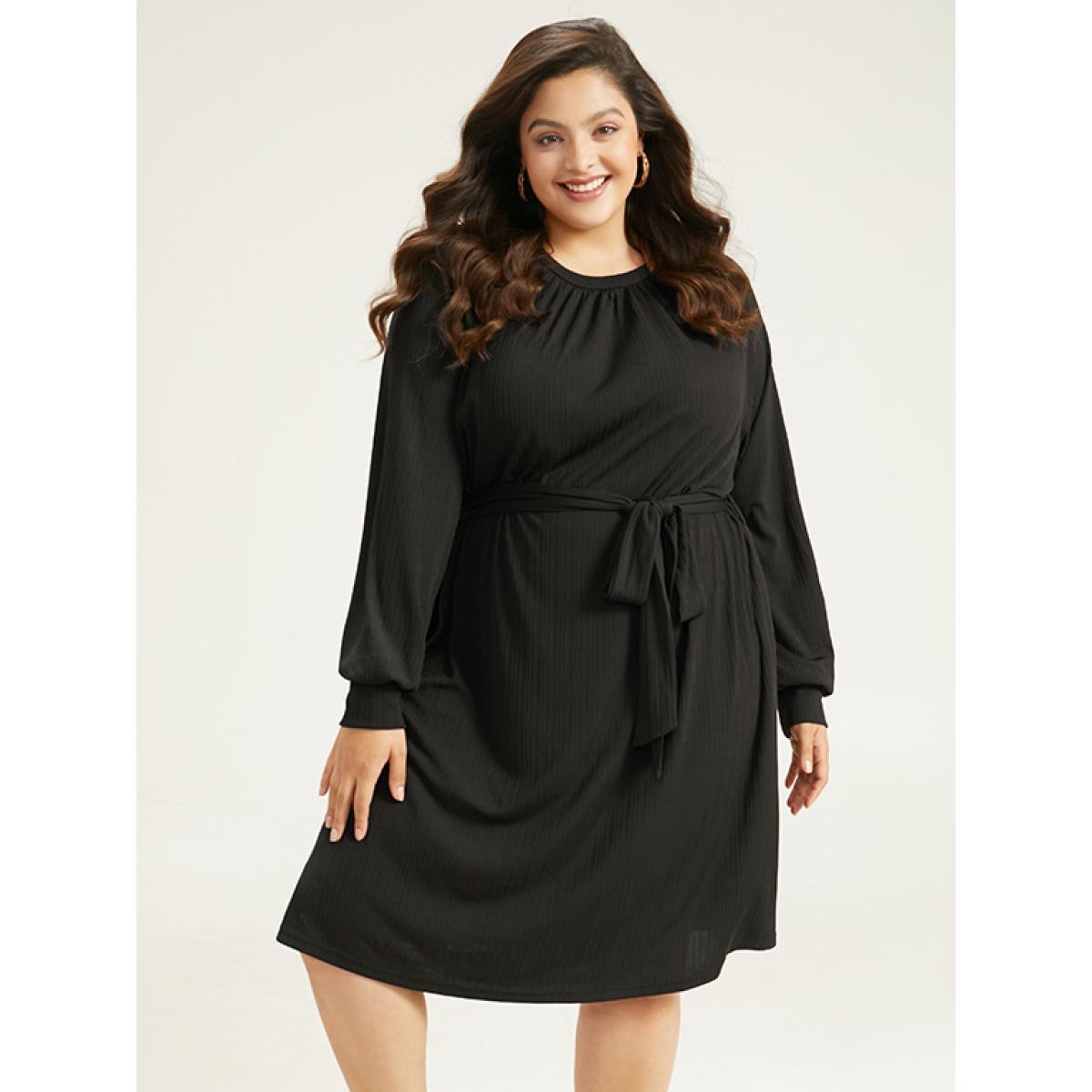 Plus Size Rib Knit Solid Pocket Pleated Belted Dress Black Women Casual Plain Round Neck Long Sleeve Curvy Midi Dress BloomChic 12/L Product Image