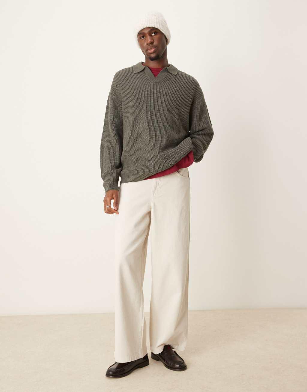 ASOS DESIGN oversized knit fisherman ribbed notch neck sweater in charcoal heather Product Image