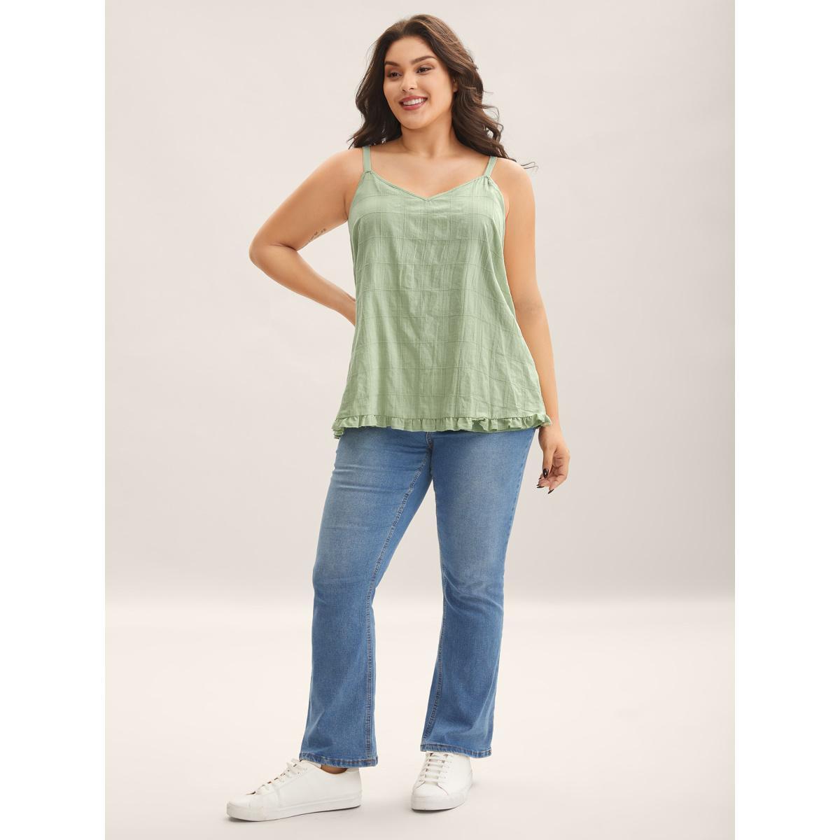 Plus Size Cotton Textured Ruffled Hem Tank Top Women Greenbean Texture V-neck Everyday-Casual Tank Tops Camis BloomChic 28/5X Product Image