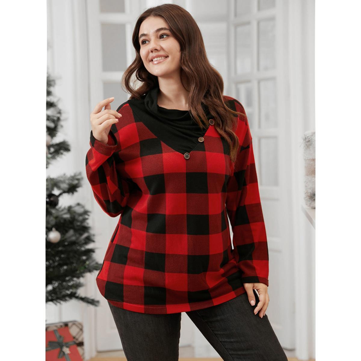 Plus Size Plaid Patchwork Button Detail Cowl Neck 2-In-1 Sweatshirt Women Red Casual Patchwork Cowl Neck Festival-Christmas Sweatshirts BloomChic 26/4X Product Image