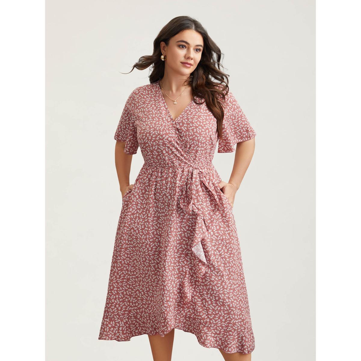 Plus Size Ditsy Floral Print Stretchy-Waist Ruffle Midi Dress DustyPink Women Elegant Overlapping Overlap Collar Short sleeve Curvy BloomChic 18-20/2X Product Image