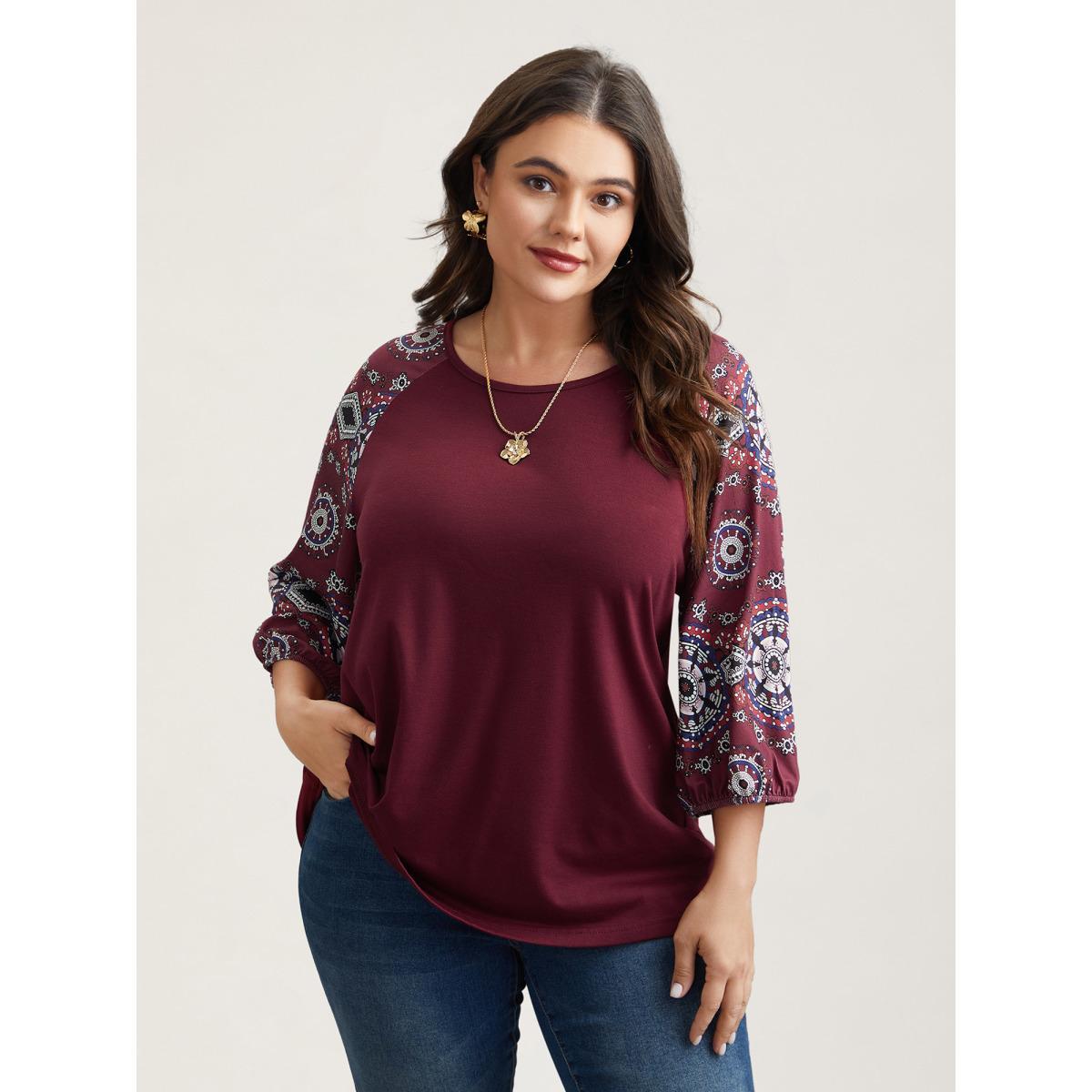 Plus Size Boho Print Sleeve Round Neck T-Shirt Scarlet Women Elegant Contrast Round Neck Everyday T-shirts BloomChic 30/6X Product Image
