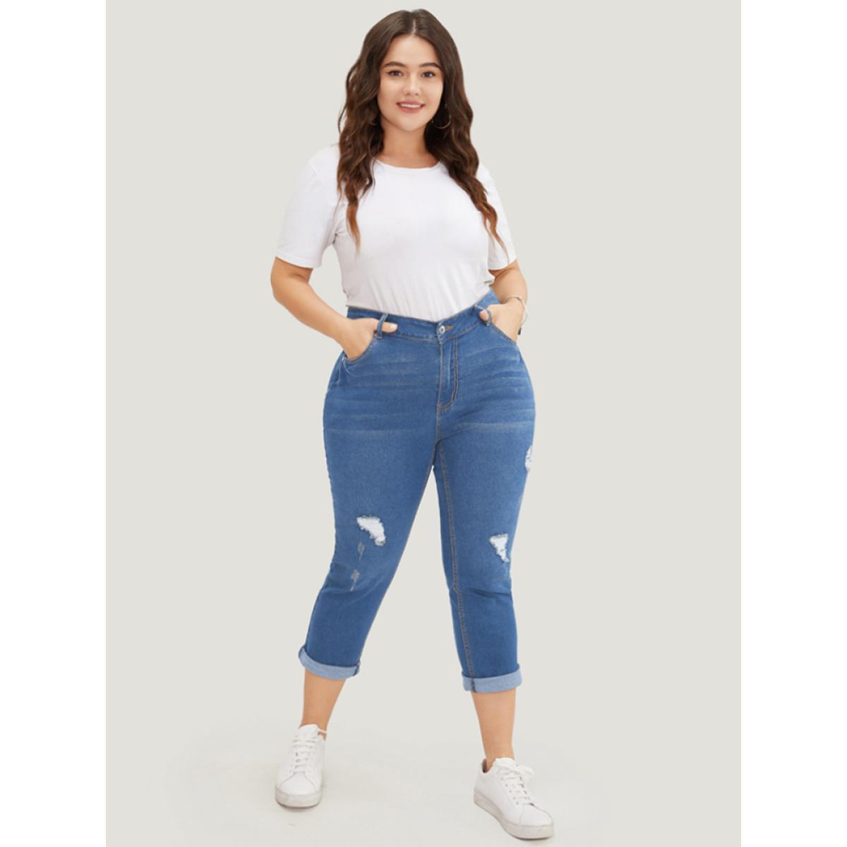 Plus Size Very Stretchy Dark Wash Roll Hem Cropped Jeans Women Blue Casual Plain Distressed High stretch Patch pocket Jeans BloomChic 30/6X Product Image