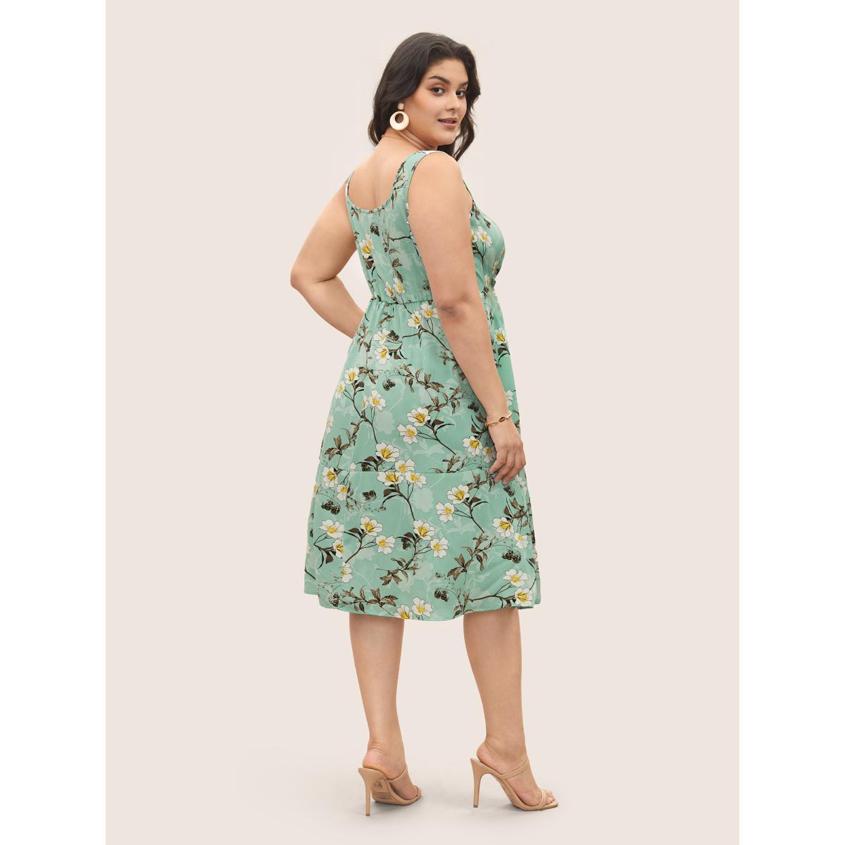 Plus Size Floral Print Square Neck Pocket Tank Dress Mint Women Elegant Non Square Neck Sleeveless Curvy Midi Dress BloomChic 18-20/2X Product Image