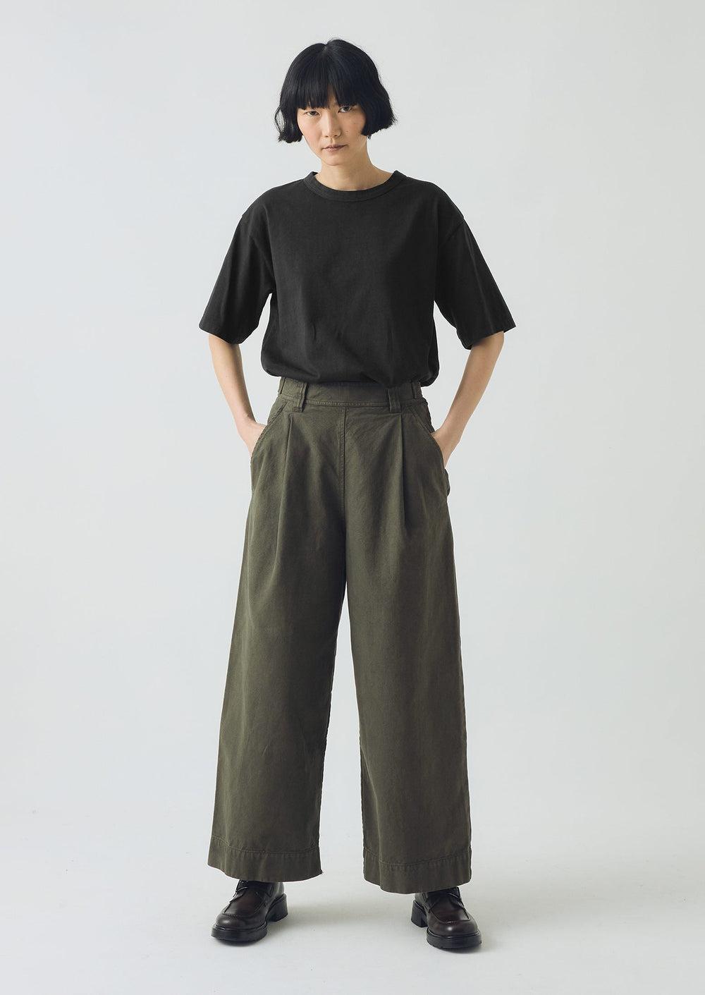 Cotton Canvas Pleat Front Pants | Dark Olive Product Image
