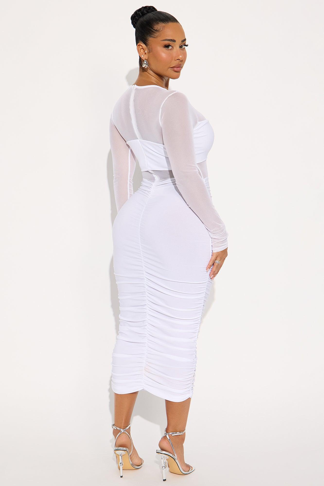 Miss Me Mesh Ruched Midi Dress - White Product Image