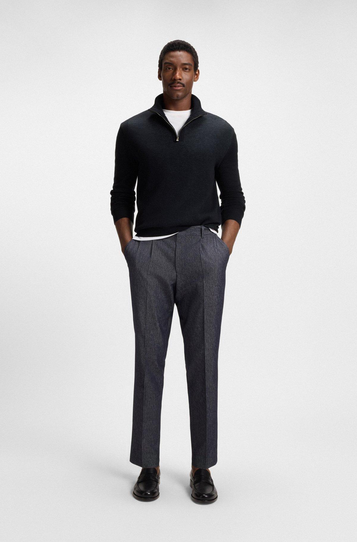 BOSS - Zip-neck sweater with structured wool-cotton front - Dark Blue Product Image