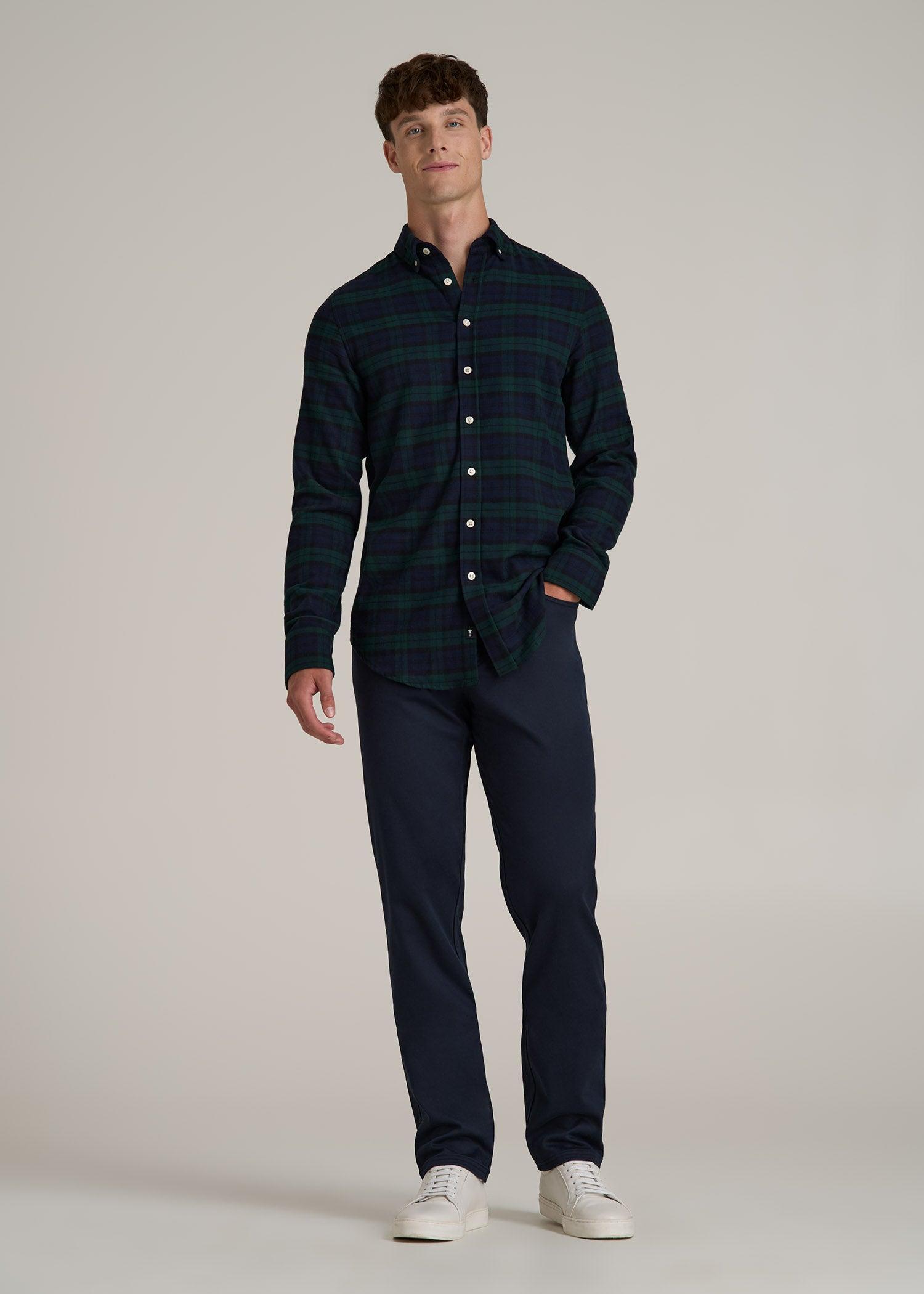 Midweight Brushed Flannel Button Shirt for Tall Men in Blue Herringbone Tartan Product Image