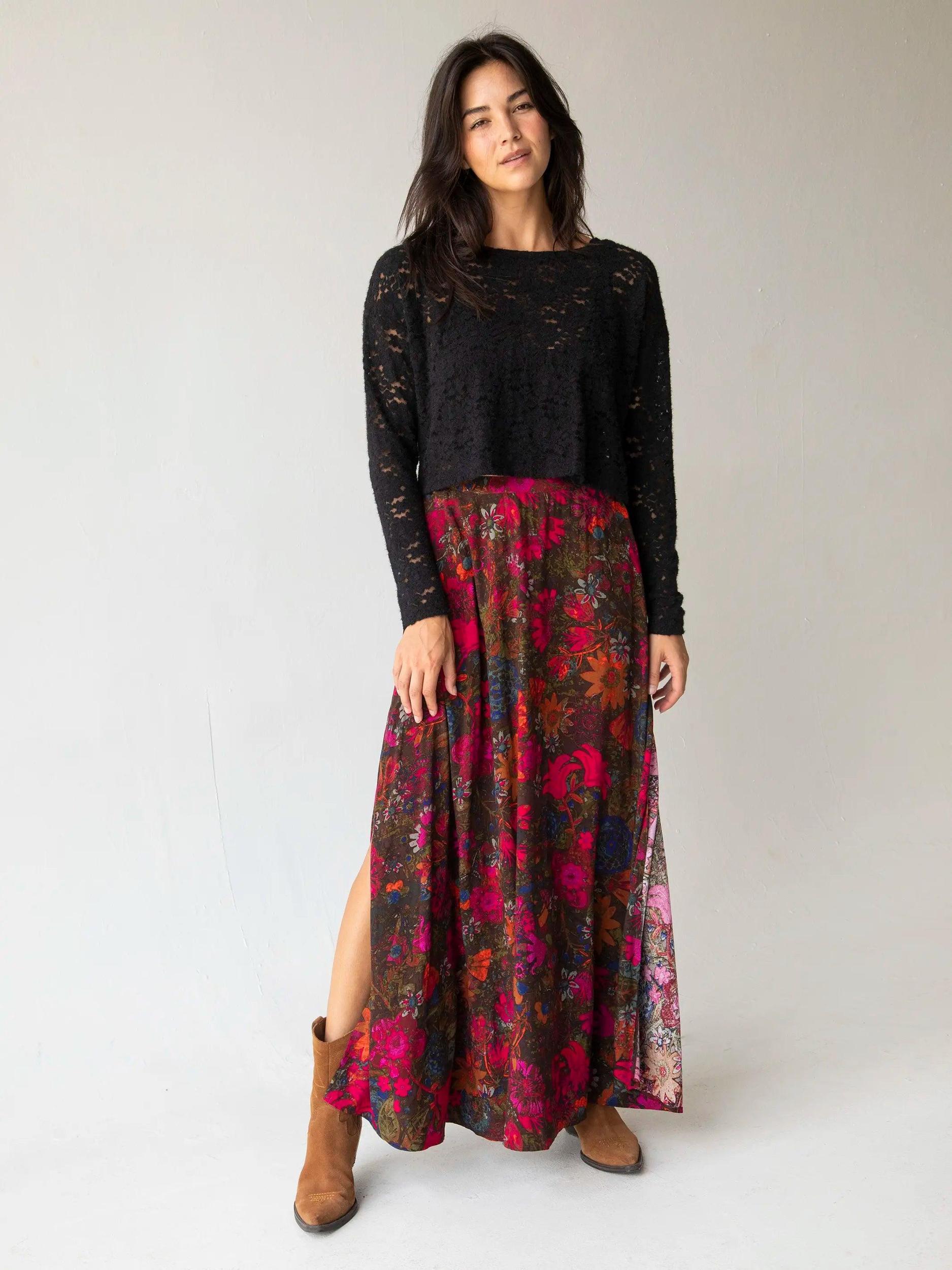 Ginger Side-Slit Maxi Skirt - Pink Calico Floral Product Image
