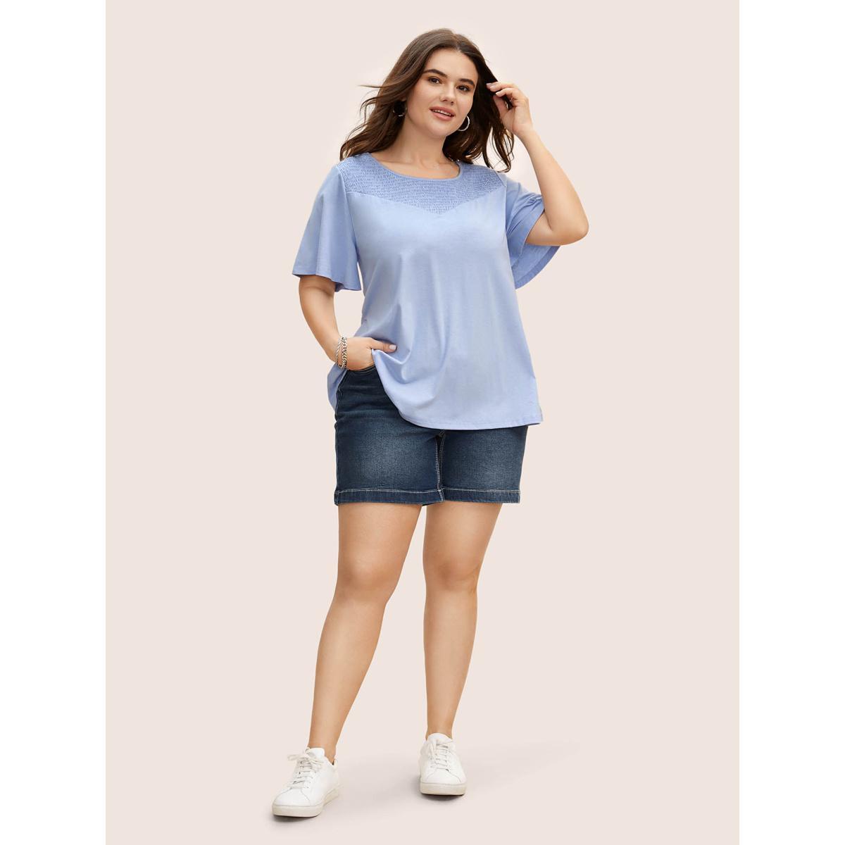 Plus Size Round Neck Shirred Ruffle Sleeve T-shirt LightBlue Women Casual Shirred Round Neck Everyday T-shirts BloomChic 14-16/1X Product Image