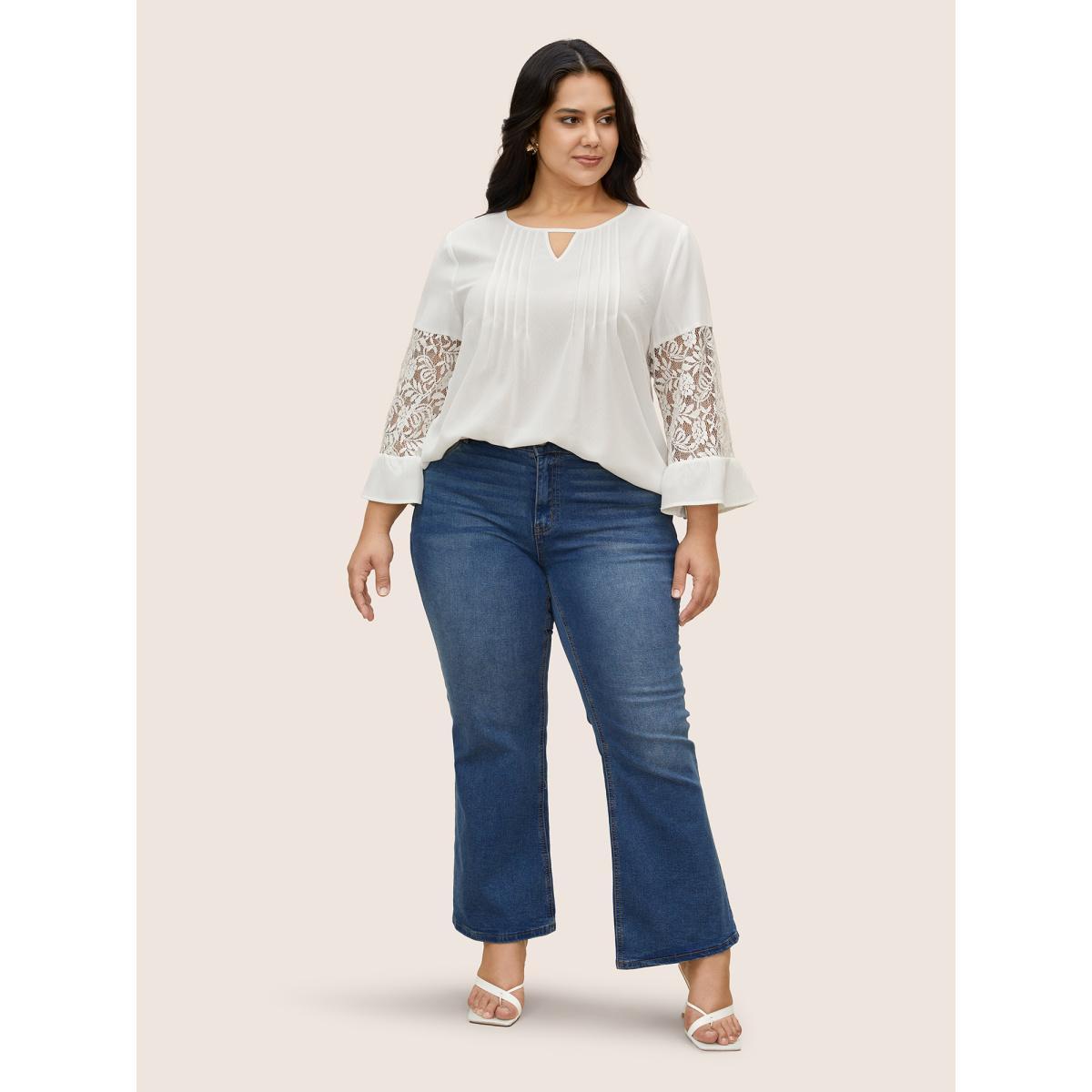 Plus Size White Crochet Lace Mesh Keyhole Pleated Blouse Women Elegant Elbow-length sleeve Notched collar Everyday Blouses BloomChic 26/4X Product Image
