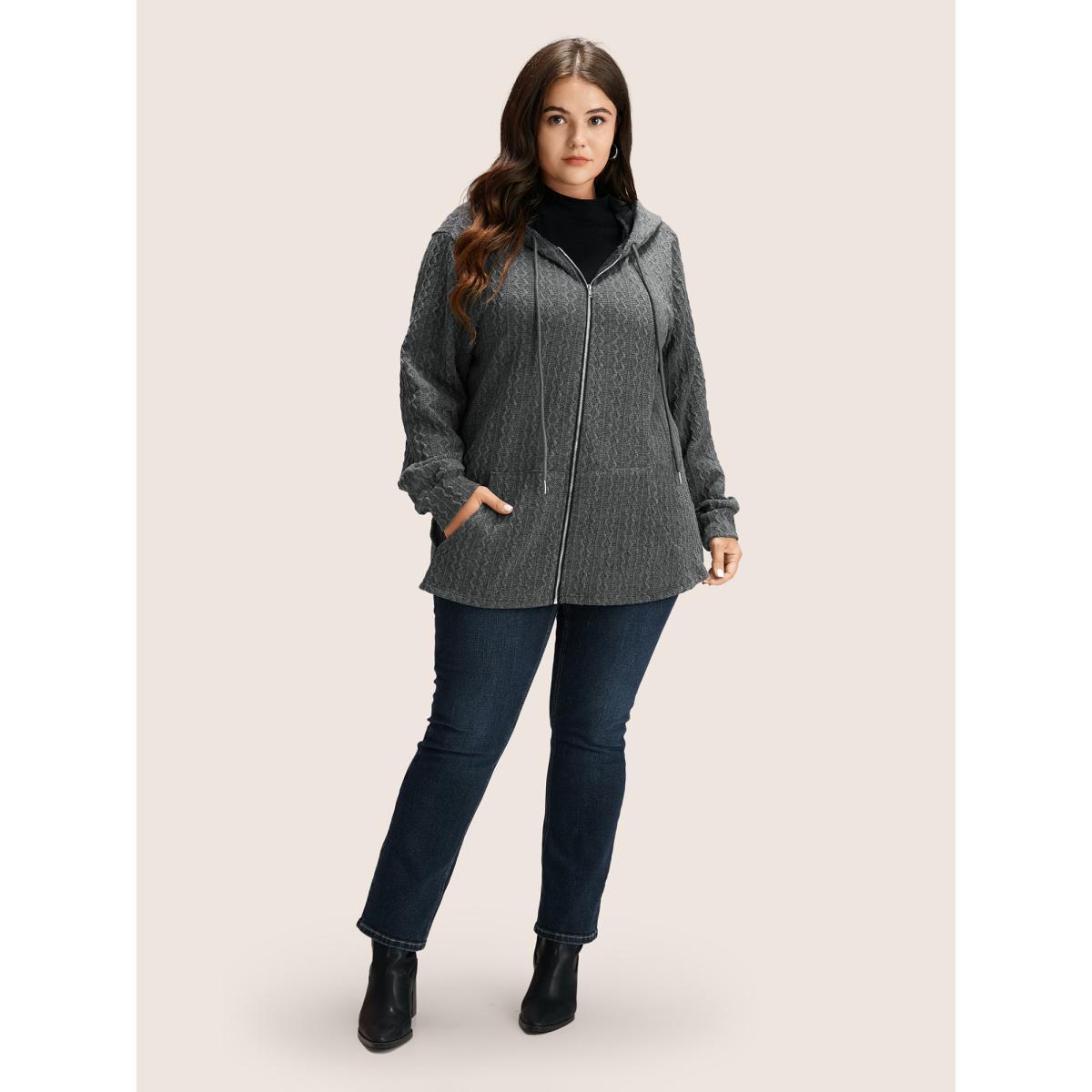 Plus Size Plain Textured Zipper Hooded Sweatshirt Women DimGray Casual Non Hooded Everyday Sweatshirts BloomChic 14-16/1X Product Image