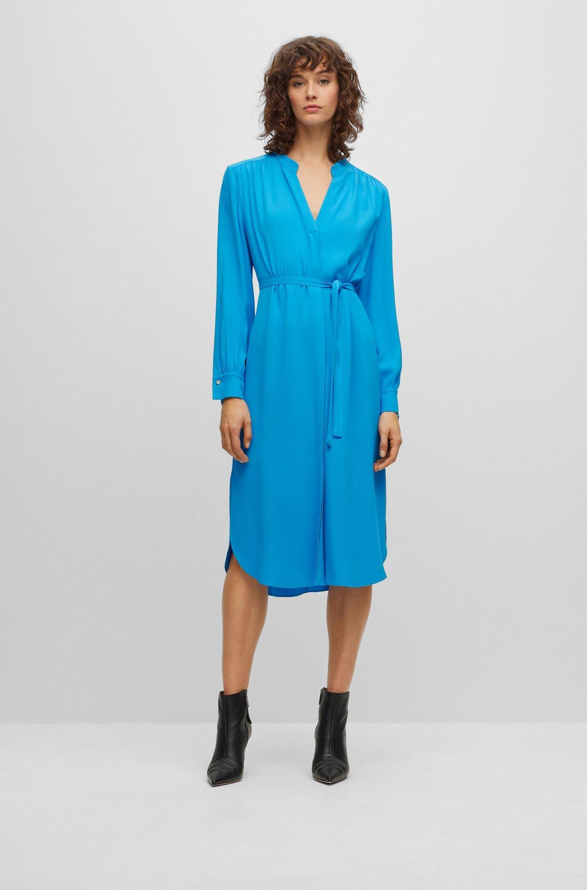 Belted dress with collarless V neckline and button cuffs Product Image