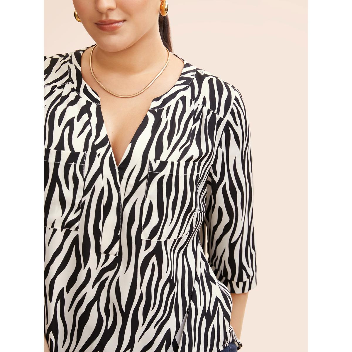 Plus Size Beige Zebra Print Notched Patched Pocket Blouse Women Workwear Essentials Elbow-length sleeve V-neck Work Blouses BloomChic 18-20/2X Product Image