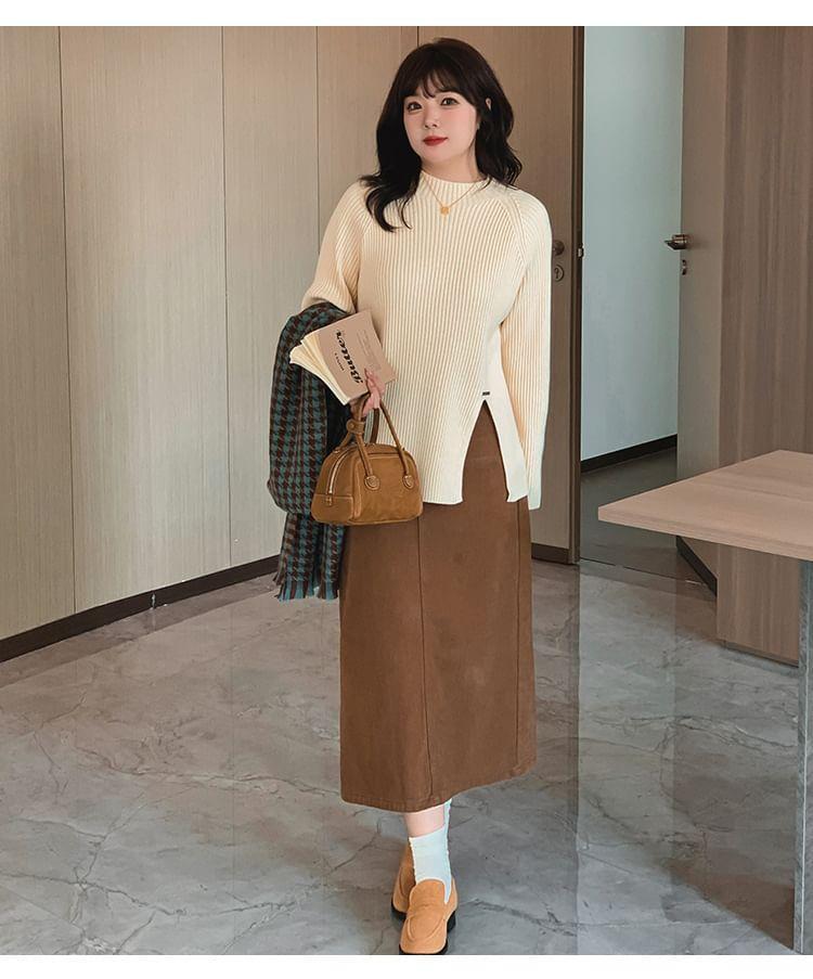 Mock Neck Plain Slit Ribbed Sweater Product Image