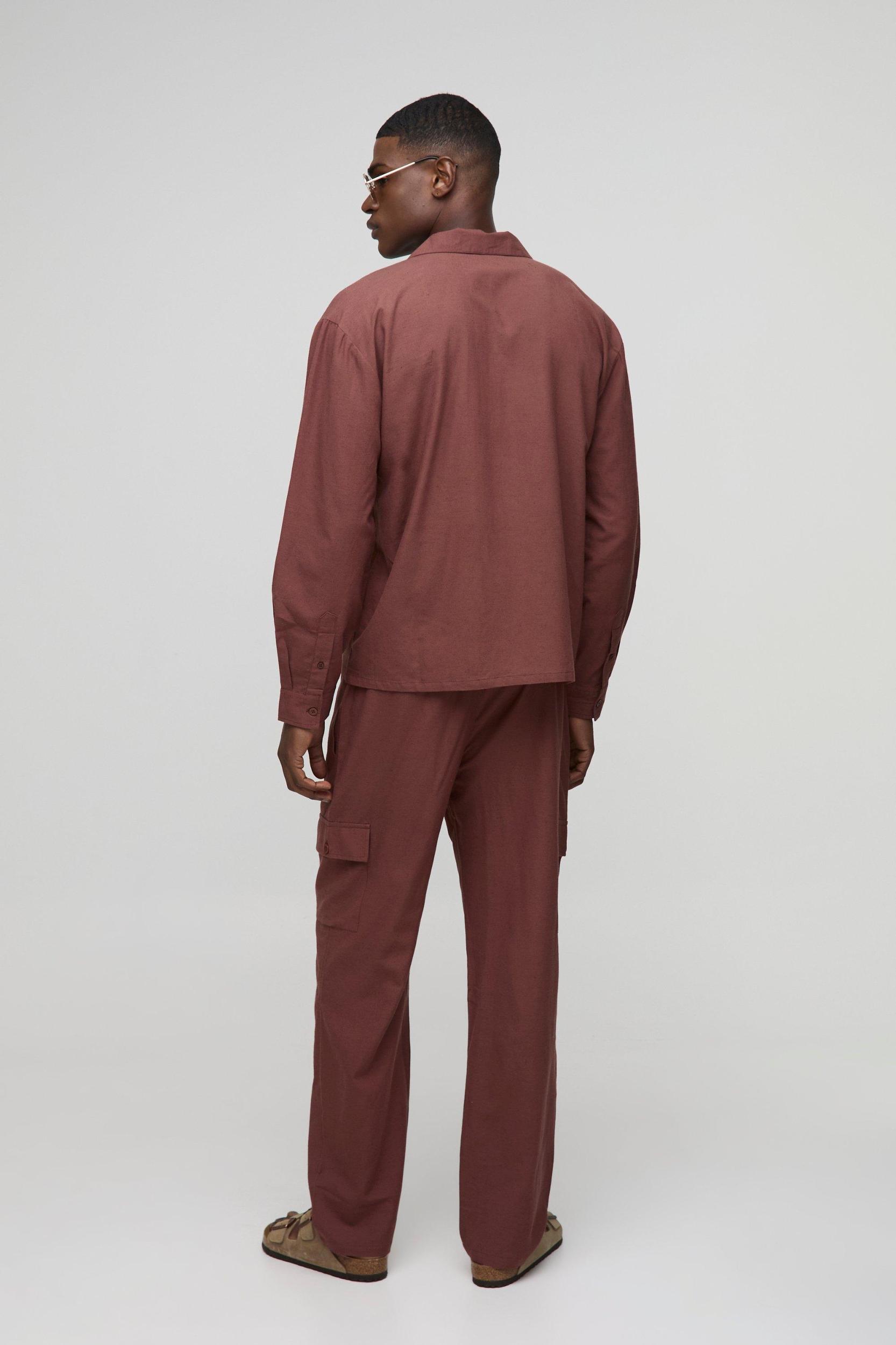 Oversized Linen Blend Look Cargo Pocket Shirt & Pants Set | boohooMAN USA Product Image