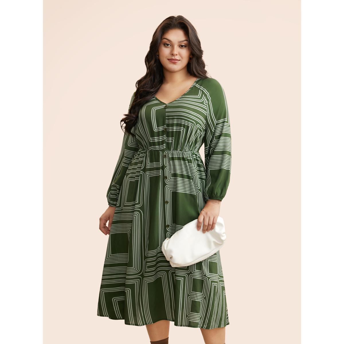 Plus Size Geometric Button Detail Lantern Sleeve Dress Moss Women At the Office Button V-neck Long Sleeve Curvy BloomChic 10/M Product Image