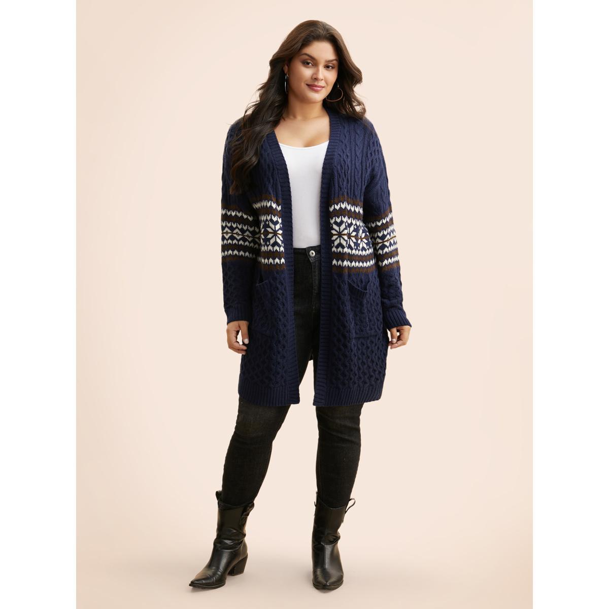 Plus Size Bandana Cable Knit Contrast Pocket Cardigan Midnight Women Casual Loose Long Sleeve Everyday Cardigans BloomChic 22-24/3X Product Image