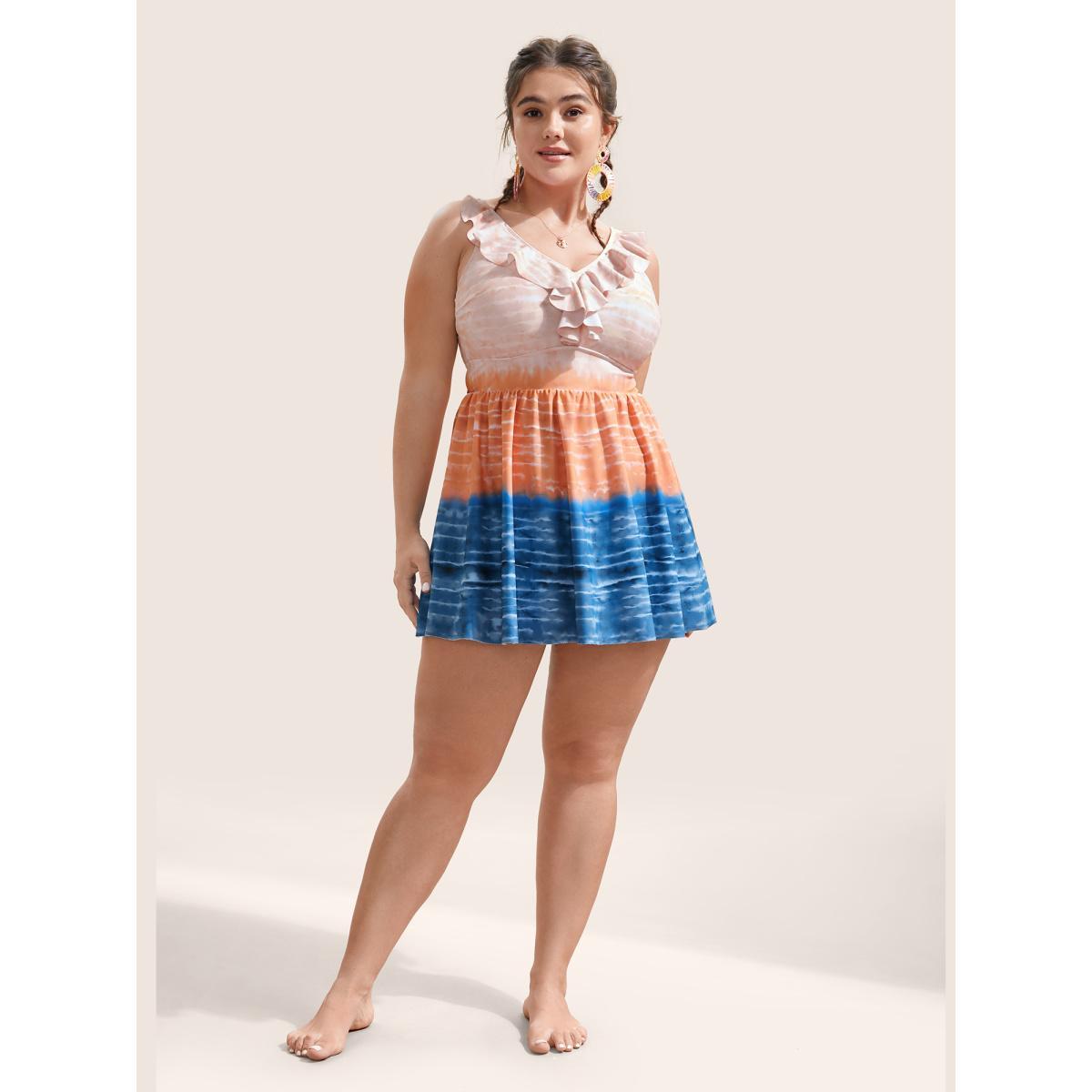 Plus Size Tie Dye Contrast Ruffles Trim Swim Dress Women's Swimwear Multicolor Beach Bodycon V-neck High stretch Curve Swim Dresses BloomChic 30/6X Product Image