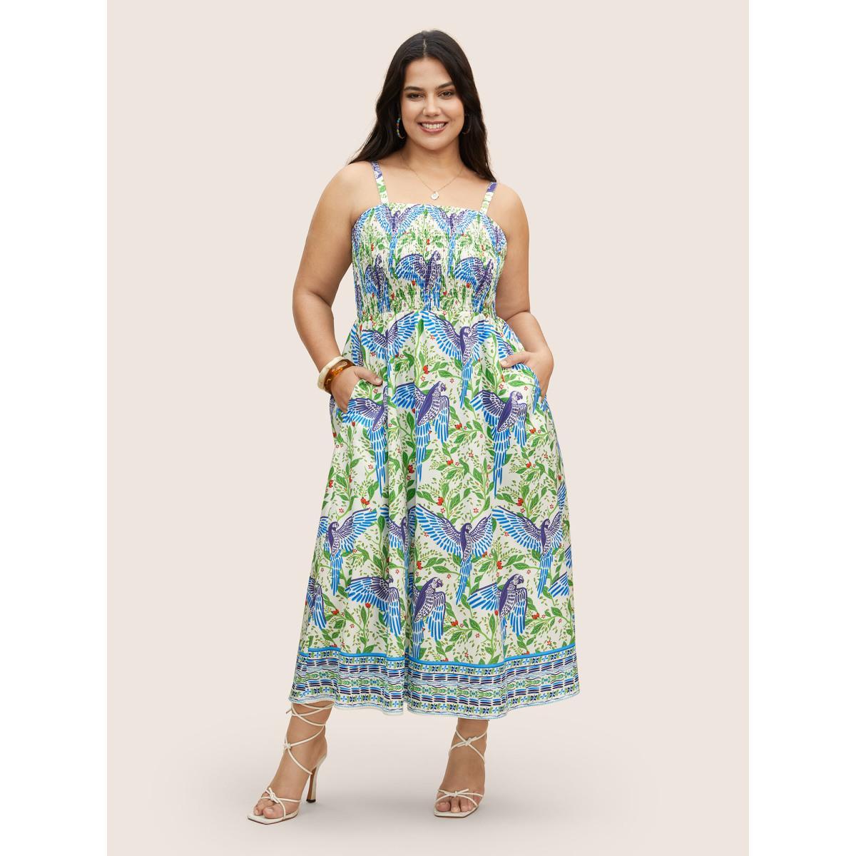 Plus Size Animal Print Shirred Pocket Cami Dress Blue Women Resort Shirred Non Sleeveless Curvy BloomChic 28/5X Product Image