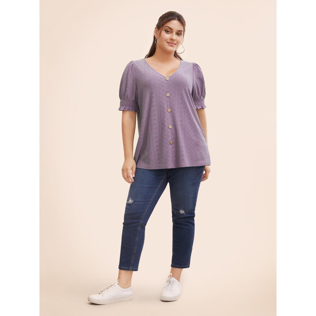 Plus Size Plain Broderie Anglaise Shirred Puff Sleeve Button Detail T-shirt Mauve Women Casual Button Plain V-neck Everyday T-shirts BloomChic 22-24/3X Product Image