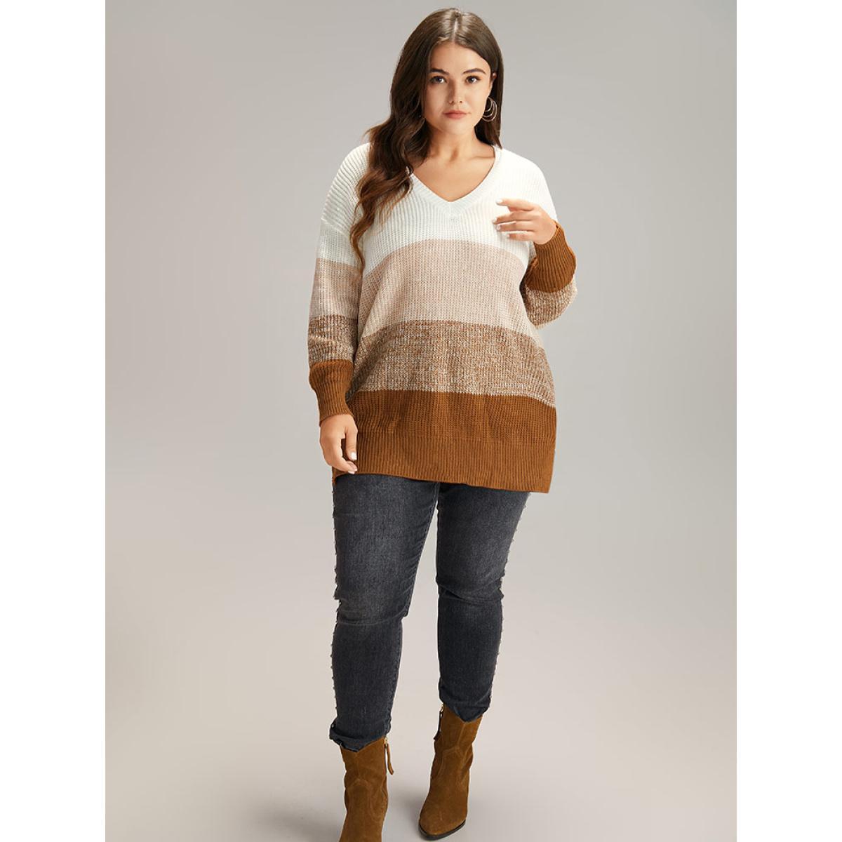 Plus Size Heather Split Side Contrast V Neck Pullover Multicolor Women Casual Loose Long Sleeve V-neck Dailywear Pullovers BloomChic 14-16/1X Product Image