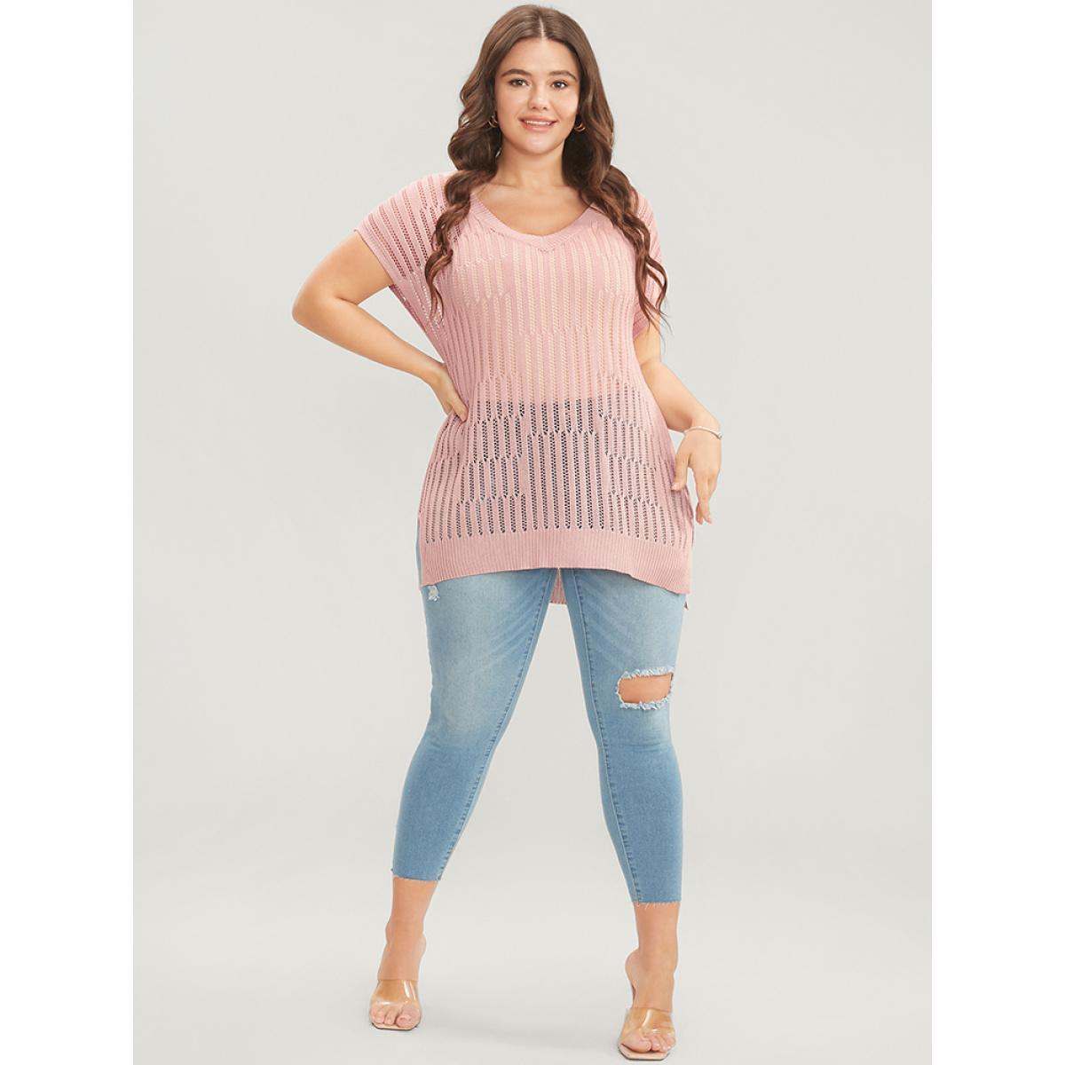 Plus Size Plain Vertical Striped Cut Out Split Hem Knit Top Coral Women Casual Sleeveless V-neck Dailywear Pullovers BloomChic 18-20/2X Product Image
