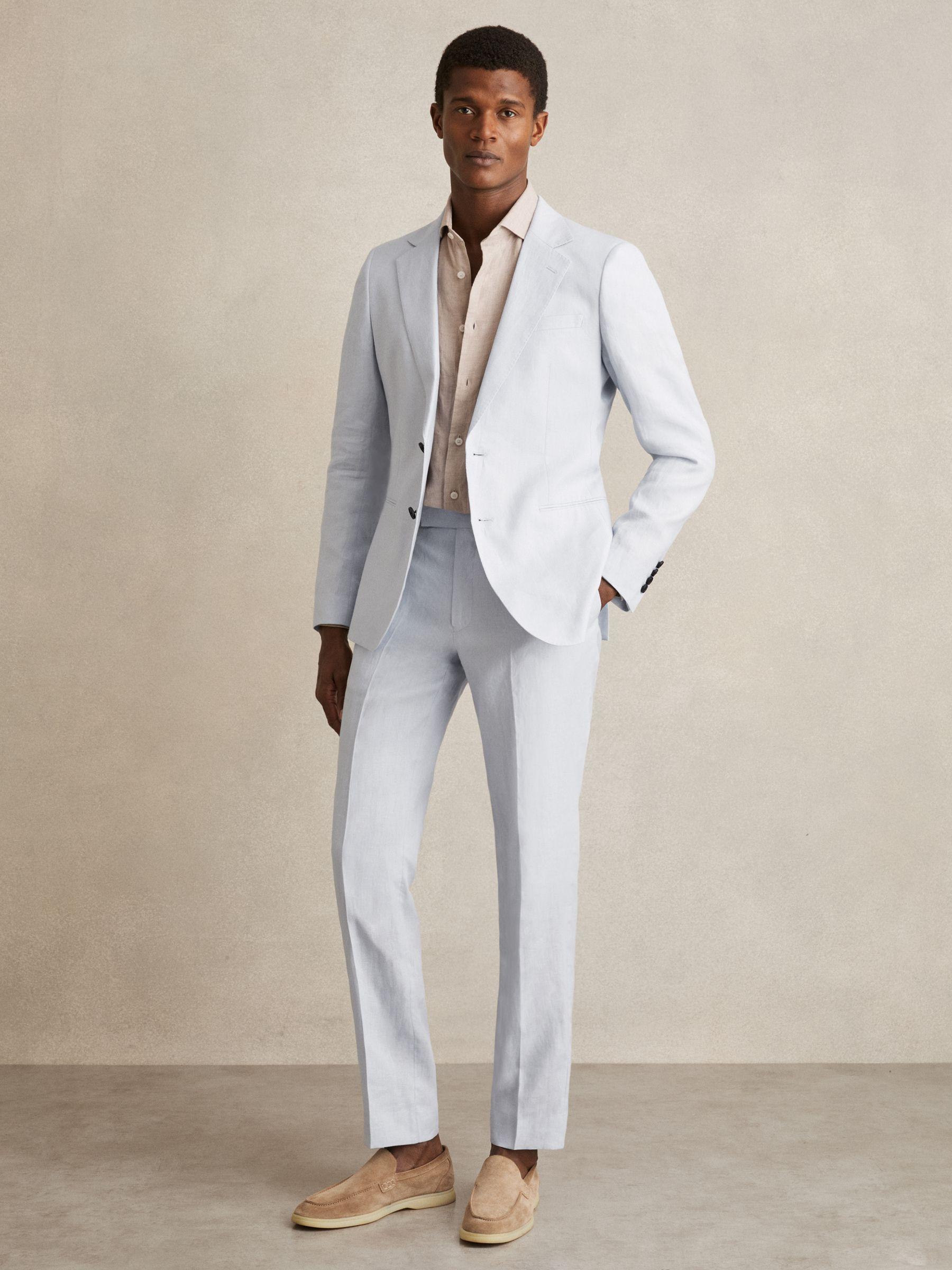 Slim Fit Linen Adjuster Trousers in Soft Blue Product Image