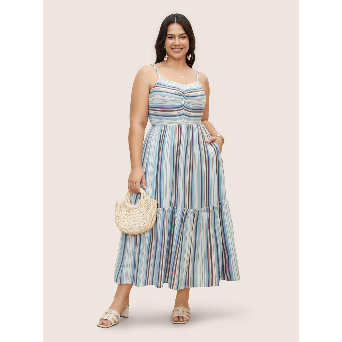 Plus Size Striped Frill Trim Gathered Maxi Dress LightBlue Women Resort Gathered Heart neckline Sleeveless Curvy BloomChic 12/L Product Image
