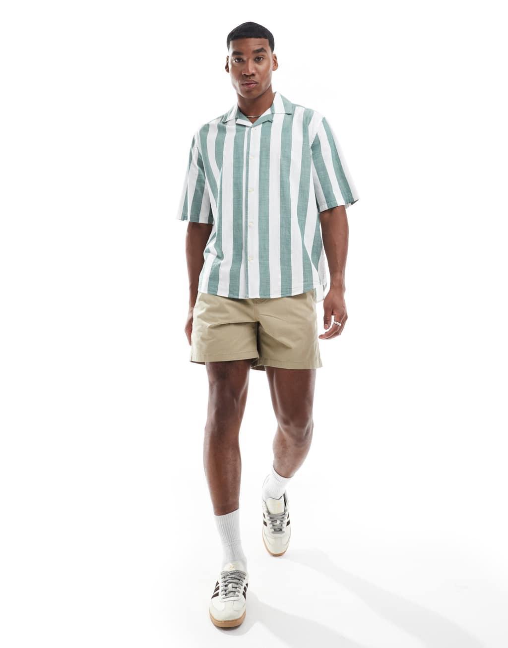 Only & Sons oversized revere collar stripe shirt in green Product Image