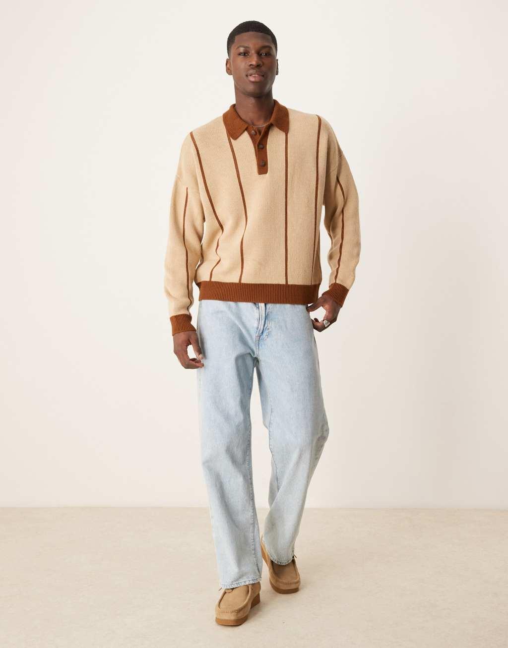 ASOS DESIGN oversized knitted polo in beige with tan stripes Product Image