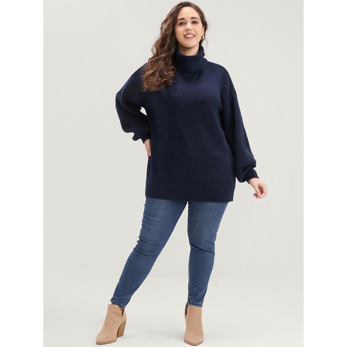 Plus Size Solid Rib Knit Lantern Sleeve Funnel Neck Sweater Midnight Women Elegant Loose Long Sleeve Turtleneck Dailywear Pullovers BloomChic 22-24/3X Product Image