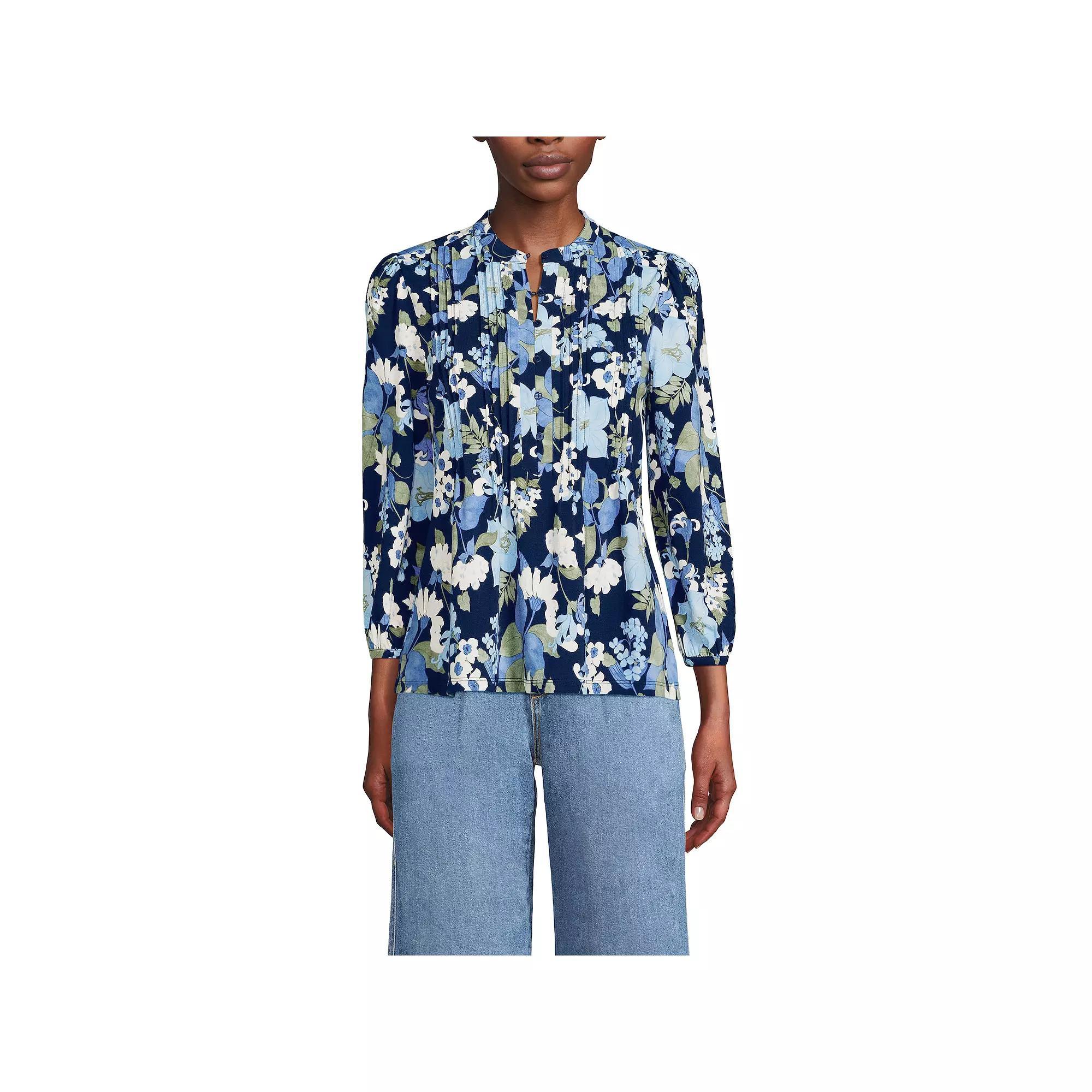 Women's Lands' End Lightweight Jersey Button Pintuck Top, Size: XL, Ivory Pink Blossoms Product Image