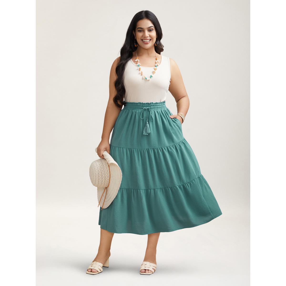 Plus Size Smocked Waist Lace Tiered Midi Skirt Women Turquoise Resort Gathered No stretch Side seam pocket Vacation Skirts BloomChic 30/6X Product Image